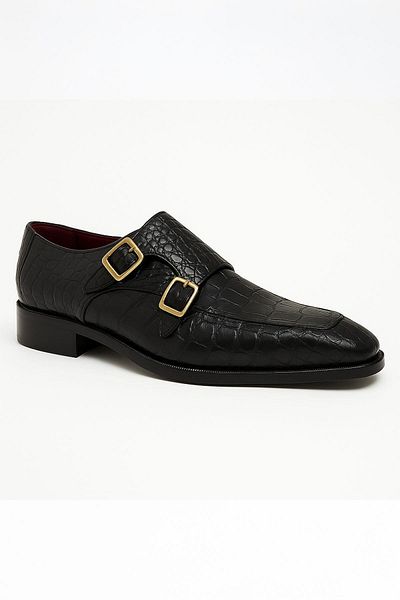 Deriderim Black Crocodile Patterned Double Buckle Leather Shoes