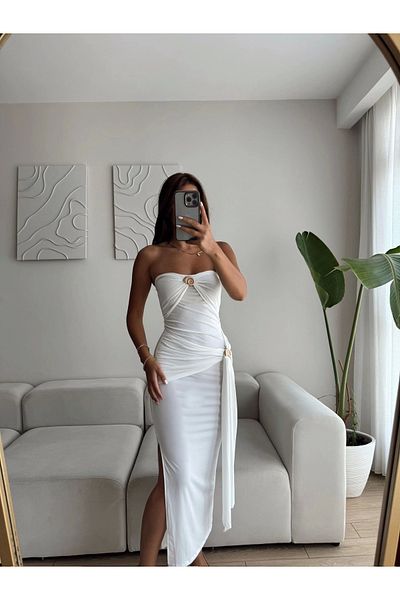Zoom Butik Tokalı strapless dress - white