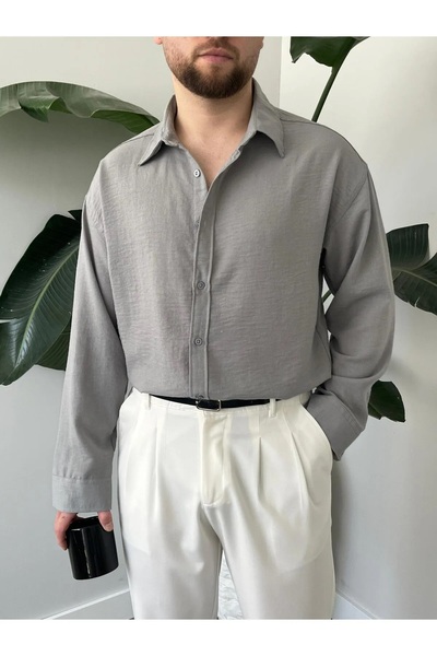 BİYOGRAF Keten Dokulu Bol Kalıp Uzun Kollu Oversize Erkek Gömlek