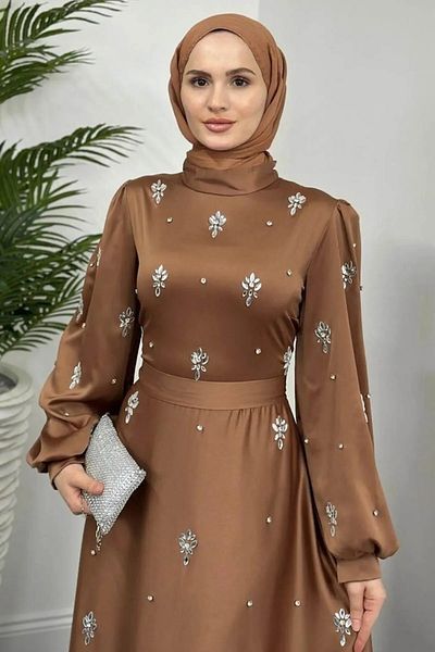 Tesettür Diyarı Nove Stone Satin Flared Evening Dress