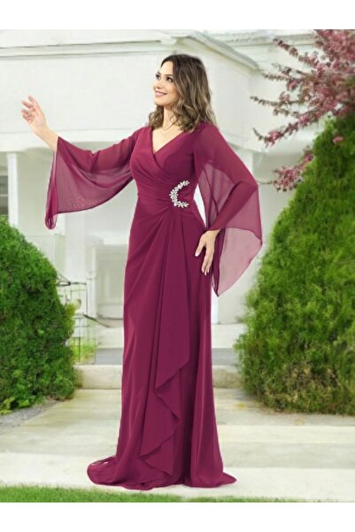 FaBe Fashion Uzun Şal Kollu V Yakalı Beli Taş Aksesuarlı Beyaz Şifon Nikah Nişan Söz ve Dış Çekim Elbisesi