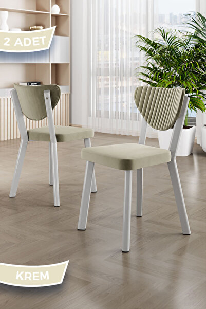 Canisa Arfe Serisi 2 Adet Krem Mutfak Sandalyesi Beyaz Metal İskeletli 1. Sın...