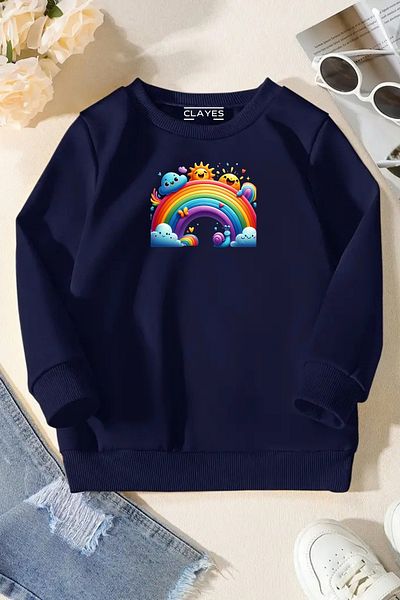 CLAYES Unisex Navy Blue Παιδικό φούτερ με λαιμόκοψη – Rainbow, Χοντρό ύφασμα με στάμπα