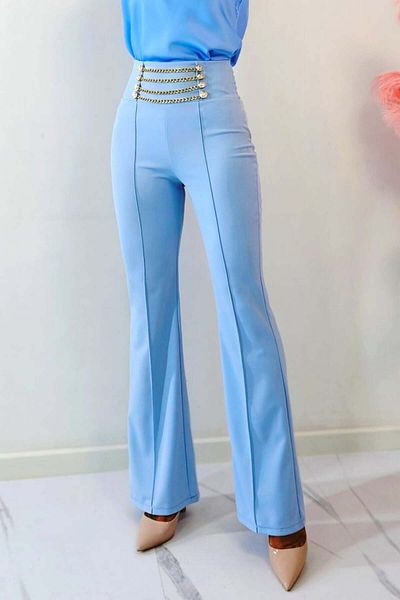 FashionForYou MEZON elegant trousers, with elastic frills and decorative chains, Baby Blue, Size S/M
