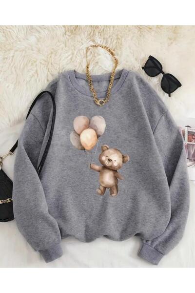 herkesemoda سويت شيرت بياقة دائرية مطبوع عليه تيدي بير مع صوف داخلي