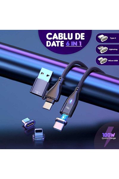 Timebox Cablu de date și încărcare rapidă, 6 în 1, QC 3.0, 100W, magnetic, USB, tip C, tip Lightning, Micro-US