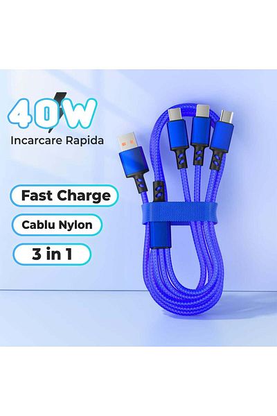Timebox Cablu de date și încărcare rapidă, 3 in 1.40W, QC 3.0, USB, USB-C, Lightning, 1.2m, Albastru