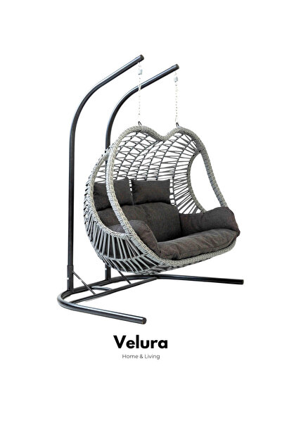 Velura Home & Living Pop Bahçe Salıncağı Çift Kişilik - Gri Rattan Gri Minder