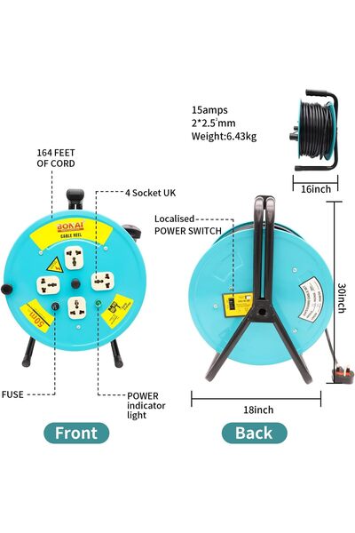 Bonai 50m Extension Reel - 4 Sockets, Fuse & Thermal Protection