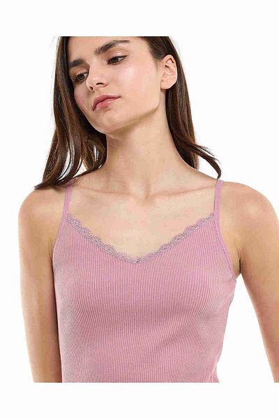 R&B Ribbed Lace Trim Camisole with V-Neck