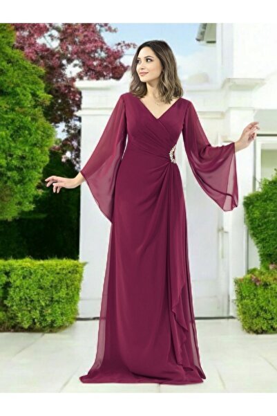 FaBe Fashion Uzun Şal Kollu V Yakalı Beli Taş Aksesuarlı Beyaz Şifon Nikah Nişan Söz ve Dış Çekim Elbisesi