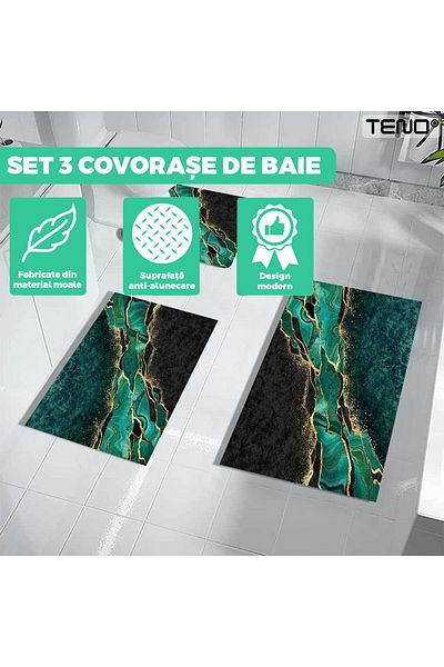 Teno Set 3 Covoare de Baie Universale Teno®, spuma, ultra-absorbante, 3 dimensiuni, verde inchis