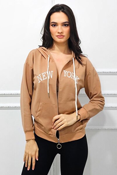 FashionForYou Φούτερ AMYR New York, με βαμβακερό κλείσιμο και φερμουάρ, μπεζ