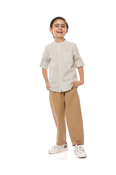 R&B قميص مخطط بياقة ماندرين وأكمام طويلة