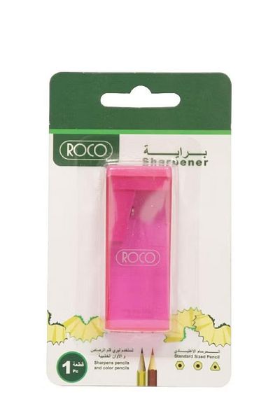 Roco Pocket Single‑Hole Pink Pencil Sharpener with Shavings Container
