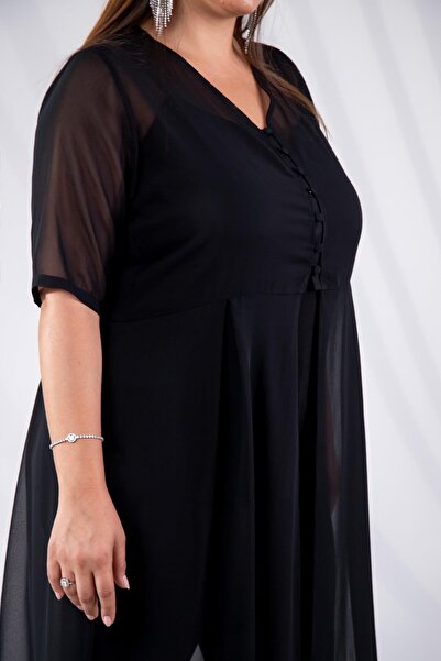 Roxxlen 333352 Γυναικείο μπλουζάκι σιφόν με κουμπιά μεγάλου μεγέθους μαύρο