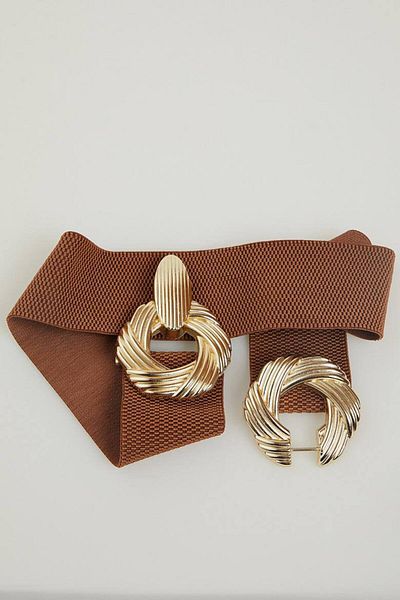 FioriModa Gold Buckle Interlocking Elastic Women's Belt, Jacket Belt, Shirt Belt, Dress Belt