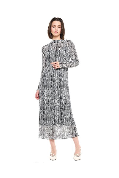 R&B Snake Printed Midi Dress with Mock Neck and Long Sleeves