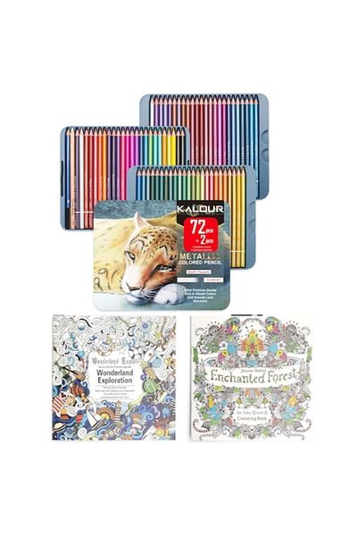 A&M AG Set of 72+2 Colored Pencils for Drawing, Metallic Colors and 2 Coloring Books, Metal Box