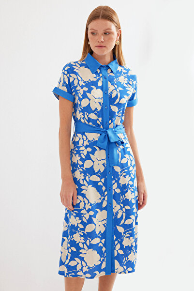 Merterium Women's Patterned Shirt Dress Blue 1015