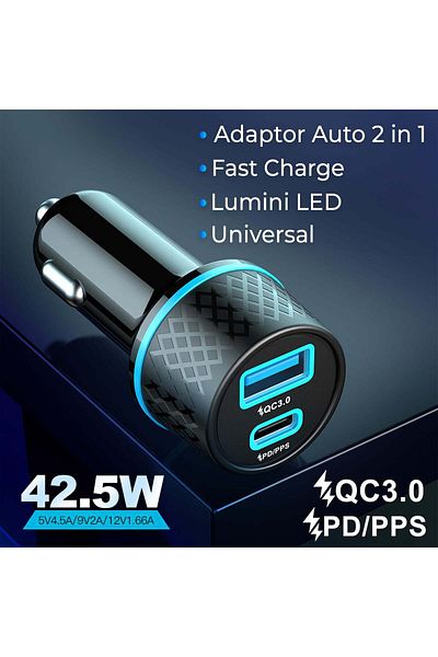 Timebox Încărcător auto, încărcare super rapidă 43W, 1 x USB QC 3.0, 1 x USB-C, lumini LED, universal, negru