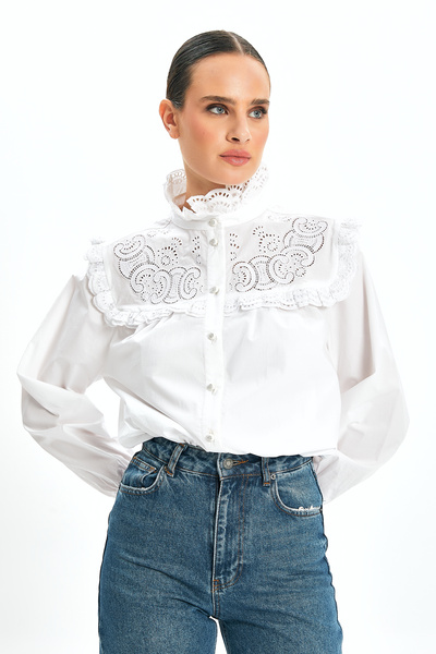 SERPİL Kadın Kemer Detaylı V Yaka Bluz – Volanlı, Astarsız, %100 Pamuk