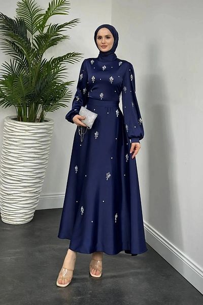 Tesettür Diyarı Nove Stone Satin Flared Evening Dress