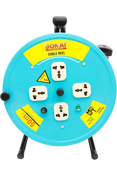 Bonai 50M Open Cable Reel Extension Lead with Winding Handle - High Visibility Green, Thermal Cut Ou