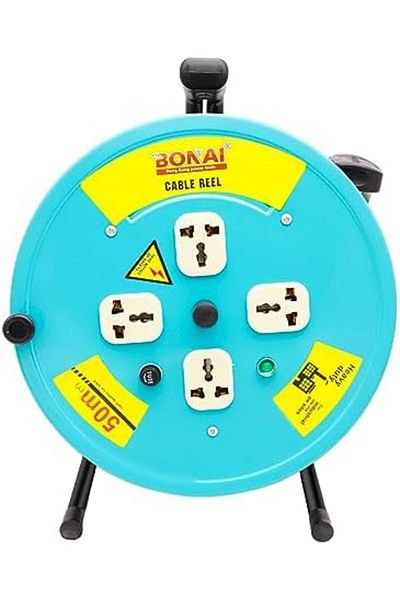 Bonai 50M Open Cable Reel Extension Lead with Winding Handle - High Visibility Green, Thermal Cut Ou