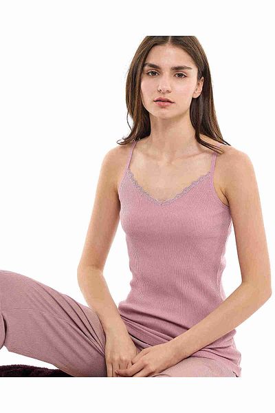 R&B Ribbed Lace Trim Camisole with V-Neck