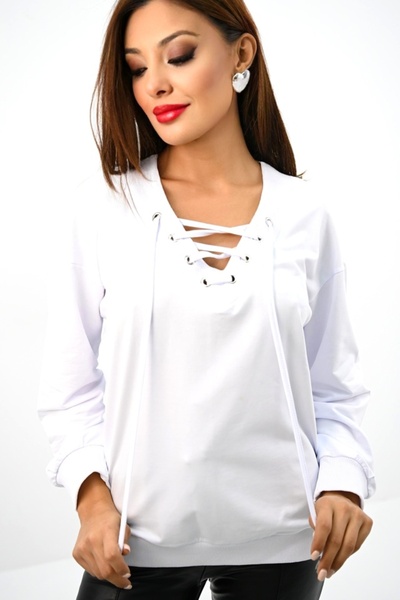 FashionForYou AmaDeeA women's blouse, with drawstring, stylized neckline and loose fit, White