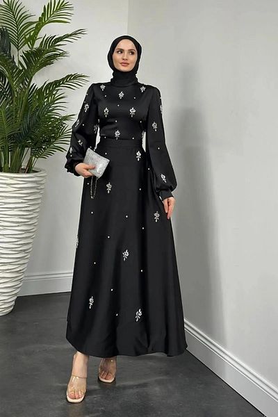 Tesettür Diyarı Nove Stone Satin Flared Evening Dress