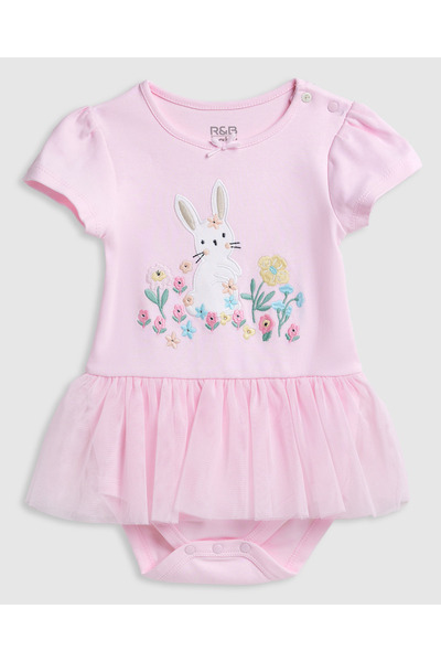 R&B Embroidered Bodysuit Dress with Crew Neck and Short Sleeves