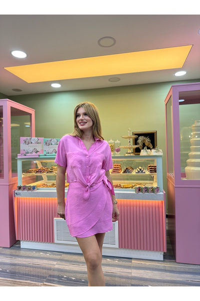 Store Bağlama Detaylı Gömlek Etek Takım - Pembe