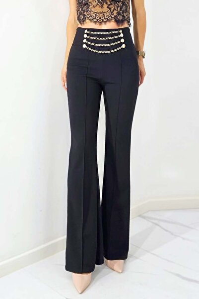 FashionForYou Pantaloni eleganti MEZON, cu fronseuri elastice si lanturi decorative, Negru