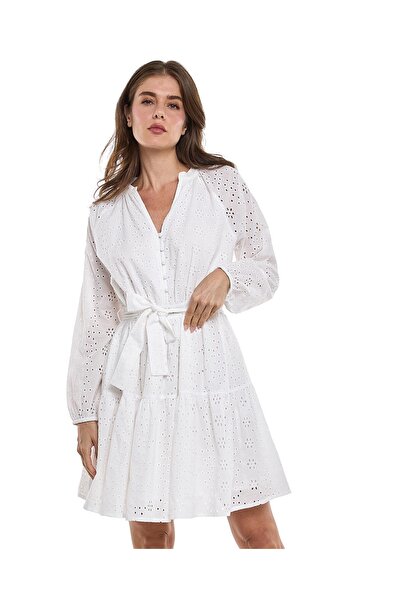 R&B Schiffli Mini Dress with V-Neck and Long Sleeves