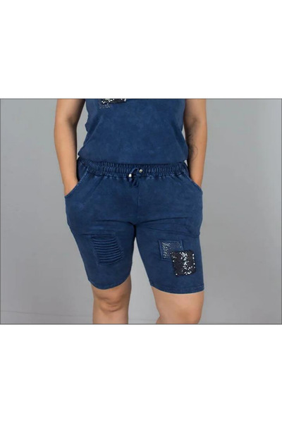 Seviliko Kadın Yıkamalı Lazer Kesim Pul Taş Detaylı Şehir Boy %100 Pamuk Şort