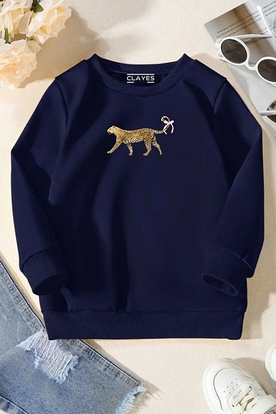 CLAYES Unisex Navy Blue Kids Crew Neck Sweatshirt – Leopard, Printed Thick Fabric