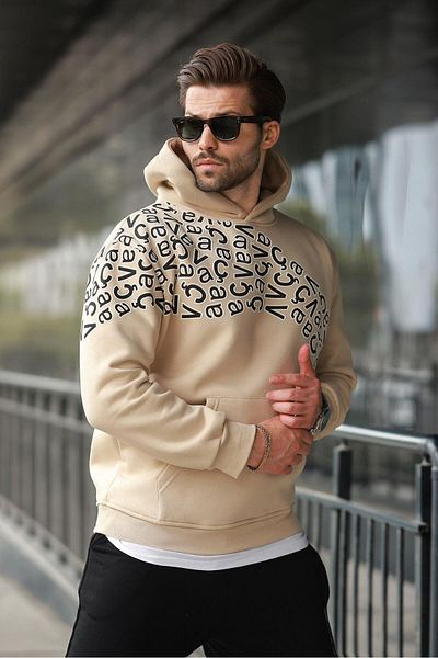 Madmext Beige Printed Hooded Men's Sweatshirt E7160