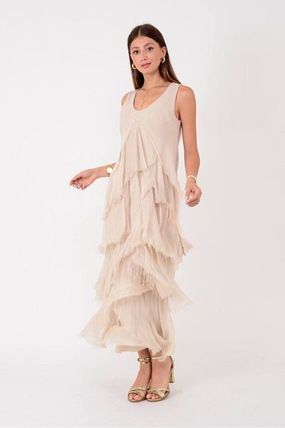 Park Moda 61460 Sequence Detail V-Necklace Layered Silk Dress