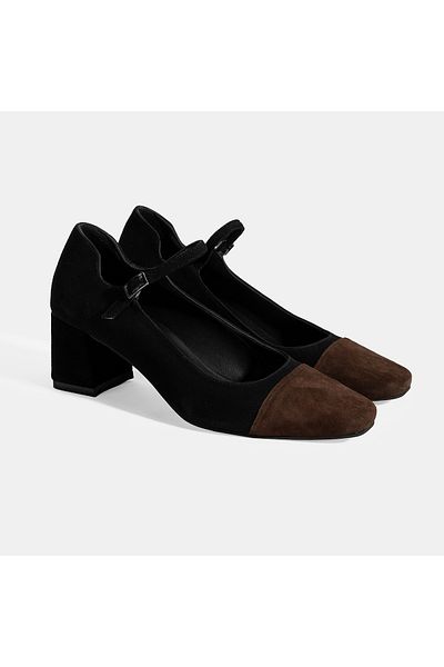 Desa Women's Black Adjustable Buckle Suede Heeled Shoes