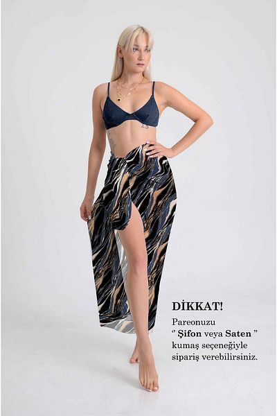 DESENİX Abstract Waves Patterned Pareo |   Navy Blue & Earth Tones |   100X145Cm |   Digital Printing