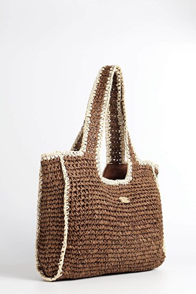Haşema Signature Detailed Double Color Brown Beige Knitted Straw Bag 1041