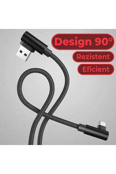 Timebox Cablu de date și încărcare rapidă, USB la Type-C, unghi de 90 de grade, 3 m, negru