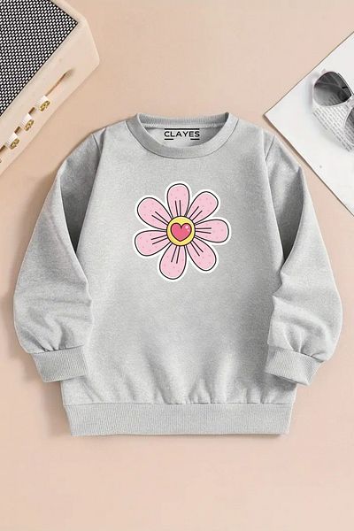 CLAYES Children's Gray Crew Neck Sweatshirt – Daisy Printed, Thick Fabric with Embossment
