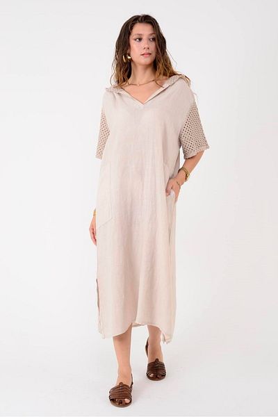 Park Moda 11201 Lova Lattice Hooded Detail Linen Dress