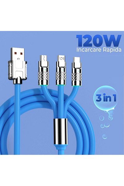 Timebox Cablu de date și încărcare rapidă, 3 în 1, 120W, QC 3.0, USB, USB-C, iluminare, 1,2 m, albastru