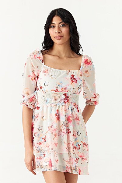 Select Moda Women's White Floral Print Square Neck Chiffon Dress