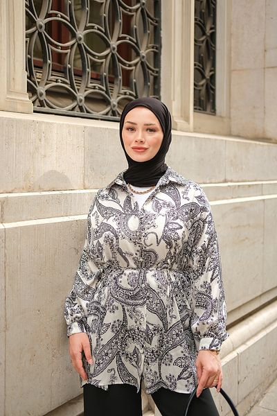 LOCCO Cămașă de damă din satin cu model alb