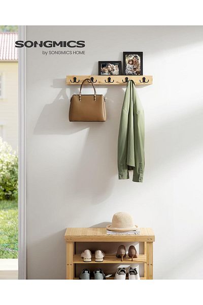 SONGMICS Cuier de perete pentru hol sau baie, 5 carlige duble, 5x70x7 cm, maro